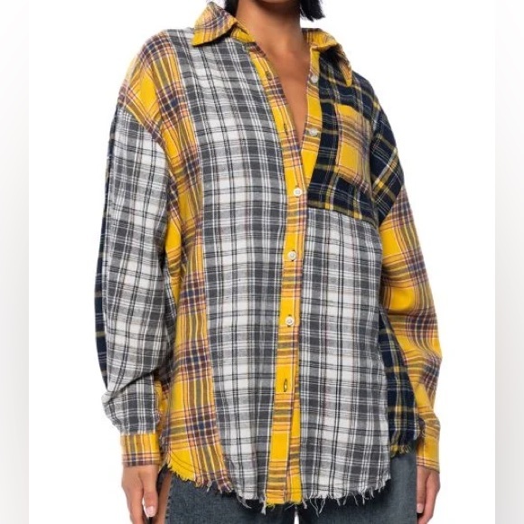 Akira Piece It Together Plaid Patchwork Button-Down Shirt - Picture 1 of 3